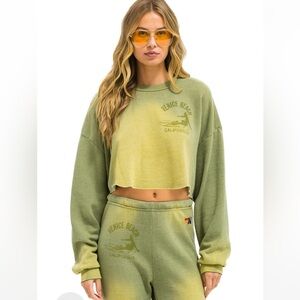 Aviator Nation Venice Surfer Cropped Crew Sweatshirt Relaxed - Faded Army